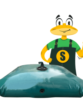 Ilustracija Maciterne Serena Group – fleksibilna cisterna z medeninastim ventilom, maskota razlaga namestitev deževne cisterne