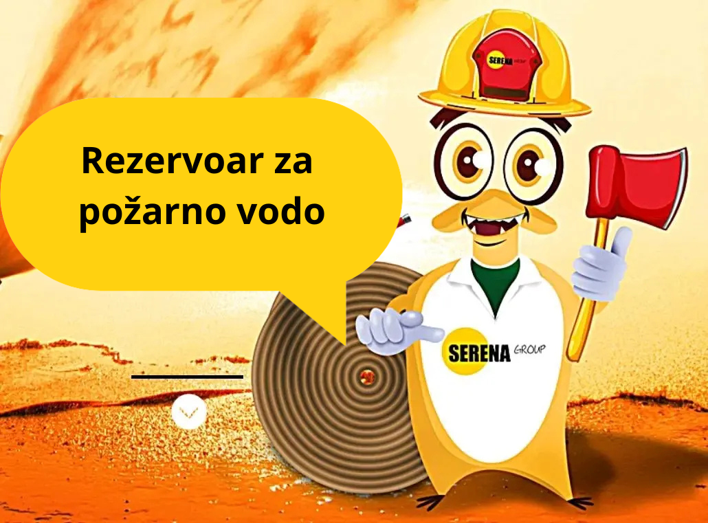 Protipožarna cisterna Serena – risani gasilec s cevjo in sekiro